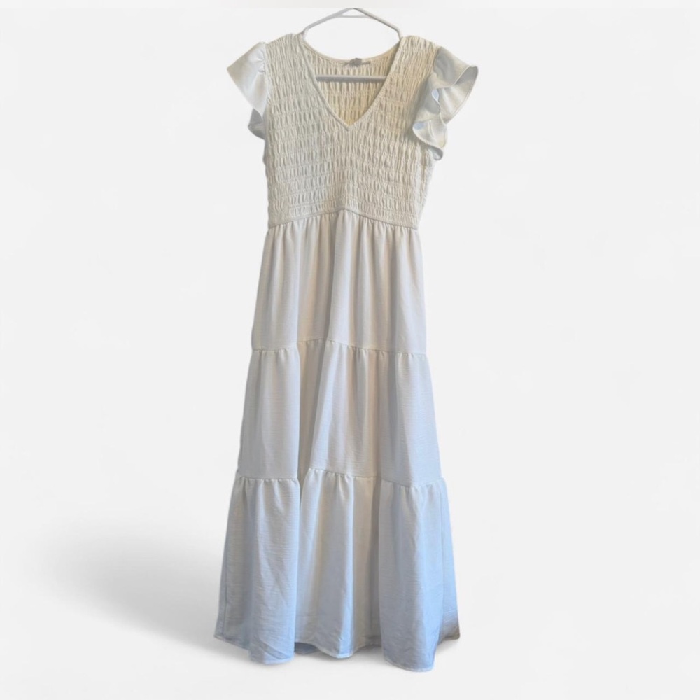 Cottage Core White Smocked Tiered Maxi Dress with Ruffle Sleeves
